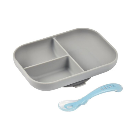 Beaba Набор посуды: тарелка, ложка SET REPAS SILICONE AVEC VENTOUSE - Grey