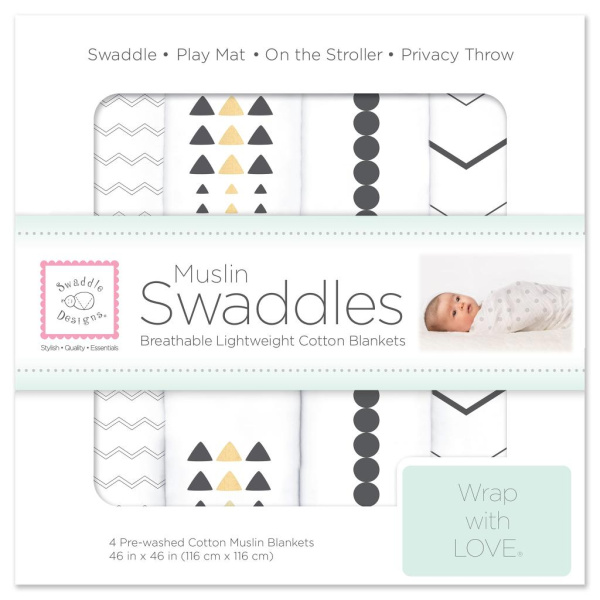 SwaddleDesigns Набор пеленок муслин 4 шт. - Gold and Graphite, Soft Black with Touch of Gold Shimmer