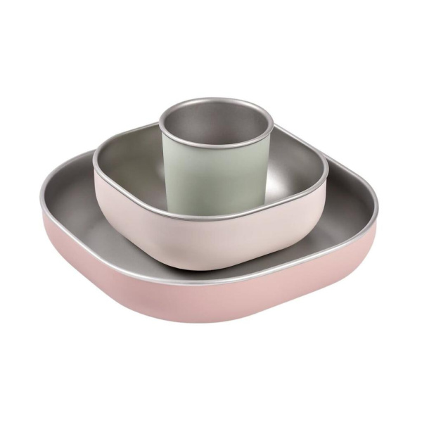 Beaba Набор из нержавеющей стали с покрытием из силикона для детей STAINLESS MEAL SET, coton candy